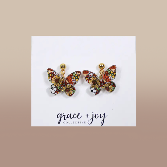 70's Floral Butterfly Dangle Earrings, Acrylic Earrings