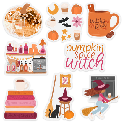 Clear Pumpkin Spice Witch Books & Latte Sticker 3x2.5 in.