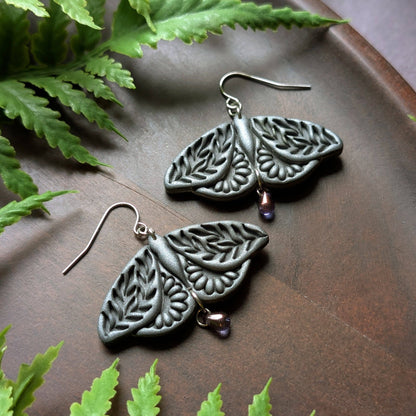 Dark Floral Moth Dangle Earrings
