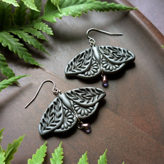 Dark Floral Moth Dangle Earrings