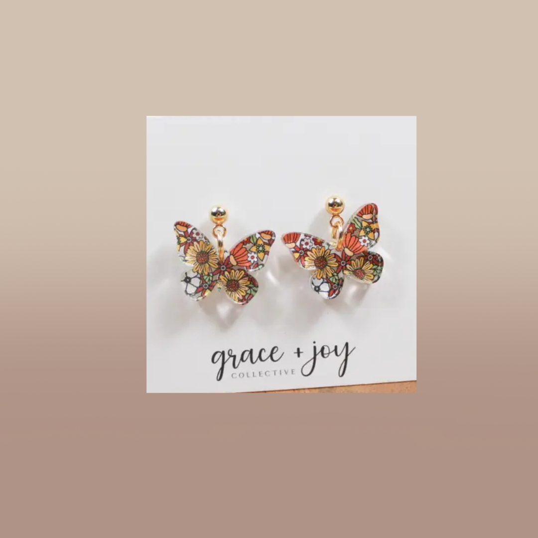 70's Floral Butterfly Dangle Earrings, Acrylic Earrings