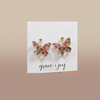 70's Floral Butterfly Dangle Earrings, Acrylic Earrings